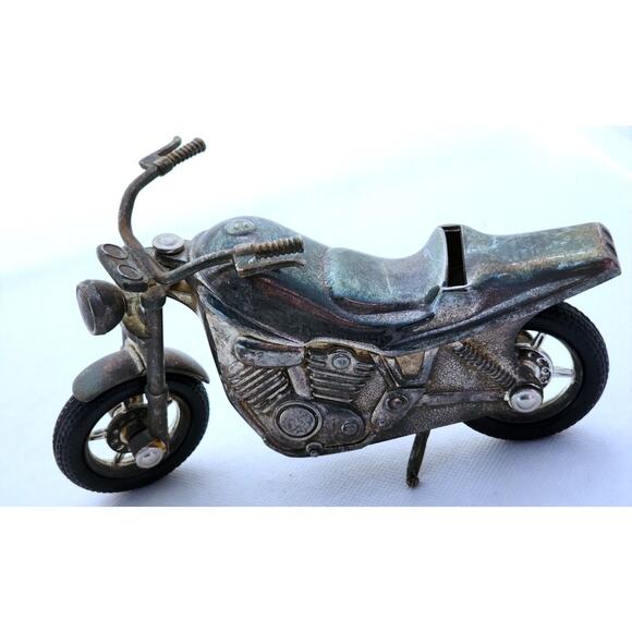 NOVELTY COIN BANK-Pewter Motorcycle-Rubber Tires-Stands Up On Stand - Picture 2 of 12